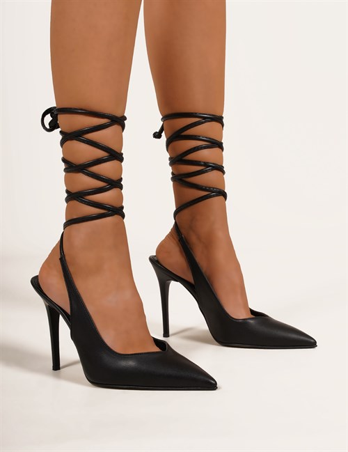 Natalie Deri Bağcıklı Kadın Topuklu Ayakkabı Siyah - Kadın Ayakkabı