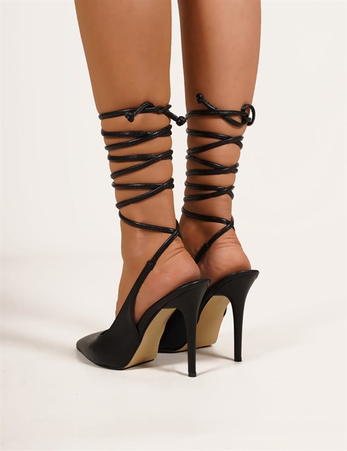 Natalie Deri Bağcıklı Kadın Topuklu Ayakkabı Siyah - Kadın Ayakkabı