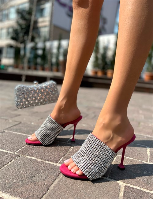 Style Fashion Kristal Taşlı Topuklu Kadın Ayakkabı Fuşya - Kadın Ayakkabı